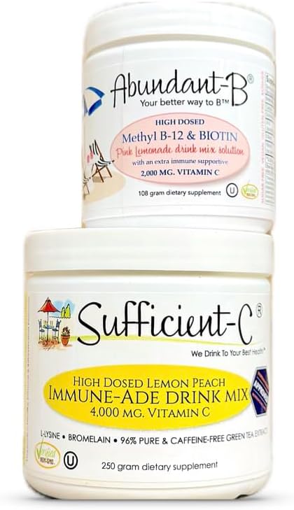 Suffisamment-C 250 grammes Vitamine C Immune-ade Drink Mix and Abondant-B high dose B-12 and Biotin Pink Lemonade Drink Mix Solution