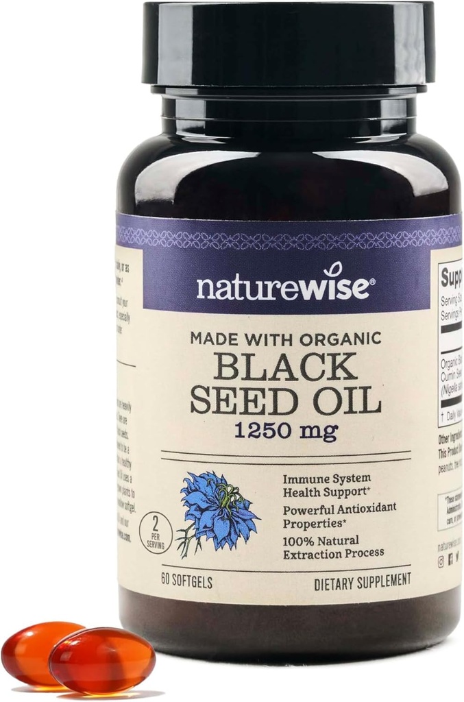 NatureWise Black Seed Oil Softgels 1250 mg - avec Nigella Sativa pressée 100% biologique - Omega 3 6 9 - Support immunitaire antioxydant, cheveux et peau - Non-OGM, sans gluten - 60 Softgels[1-Mois]