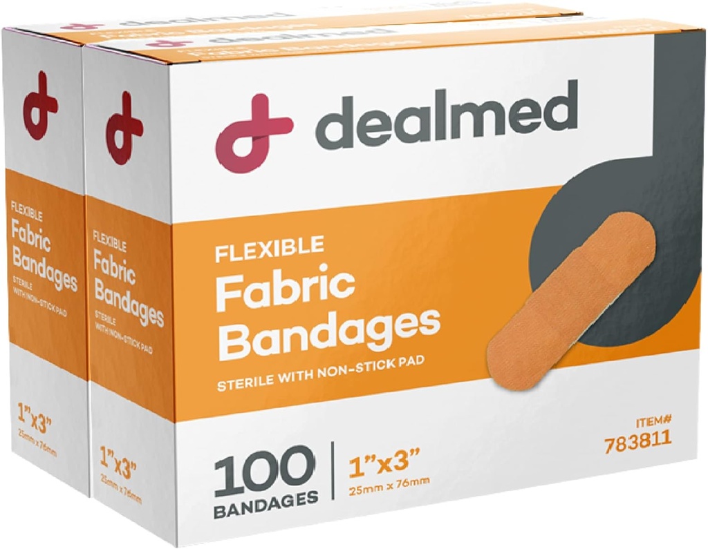 Dealmed Sterile Flexible Fabric Adhesive Bandages – 1x3 Inch – 100/Box - 2 Boxes - Breathable First Aid Strip Pack - Soft Stretch Wound Patch for Medical, Emergency Kits & Clinic