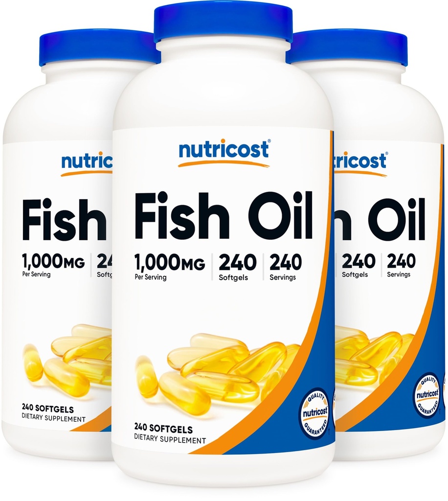 Huile de poisson Nutricost 1000mg (560mg d'oméga-3), 240 Softgels (3 bouteilles)