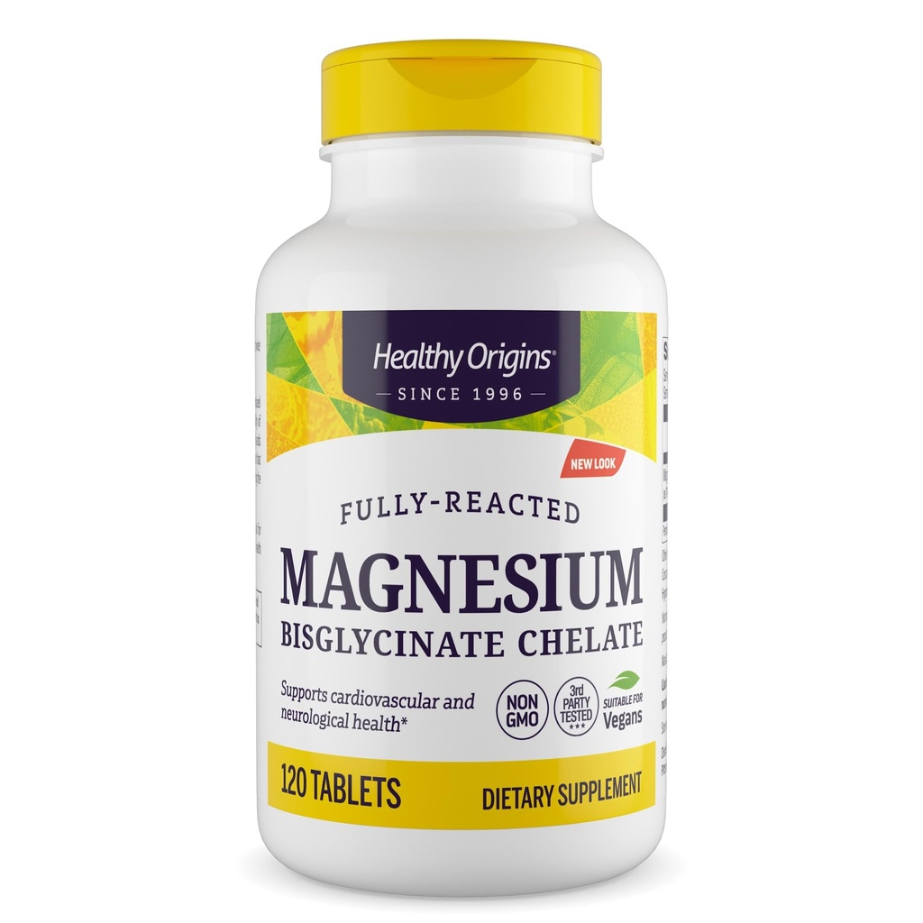 Origines saines Chélalate de bisglycinate de magnésium (non-OGM, sans gluten, soutien cardiovasculaire, soutien osseux, soutien neurologique, végétalien), 120 comprimés