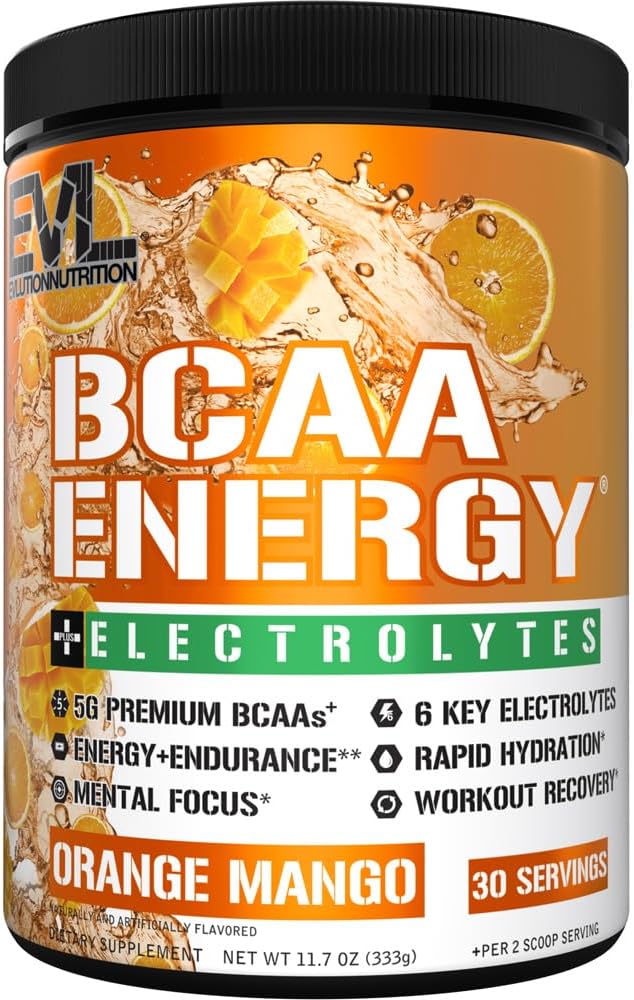 EVL BCAAs Amino Acids Powder - BCAA Energy Pre Workout Poudre pour la récupération des muscles Plonger la croissance et l'endurance - Réhydrater la boisson de récupération après l'entraînement avec 6 électrolytes clés - Mangue orange