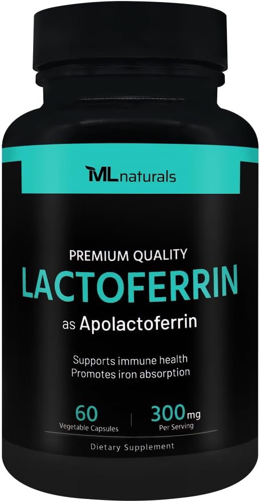 ML Naturals Lactoferrine 300 mg 60 capsules végétales soutient un système immunitaire sain et l'absorption du fer, certifié NSF et conforme aux GMPc