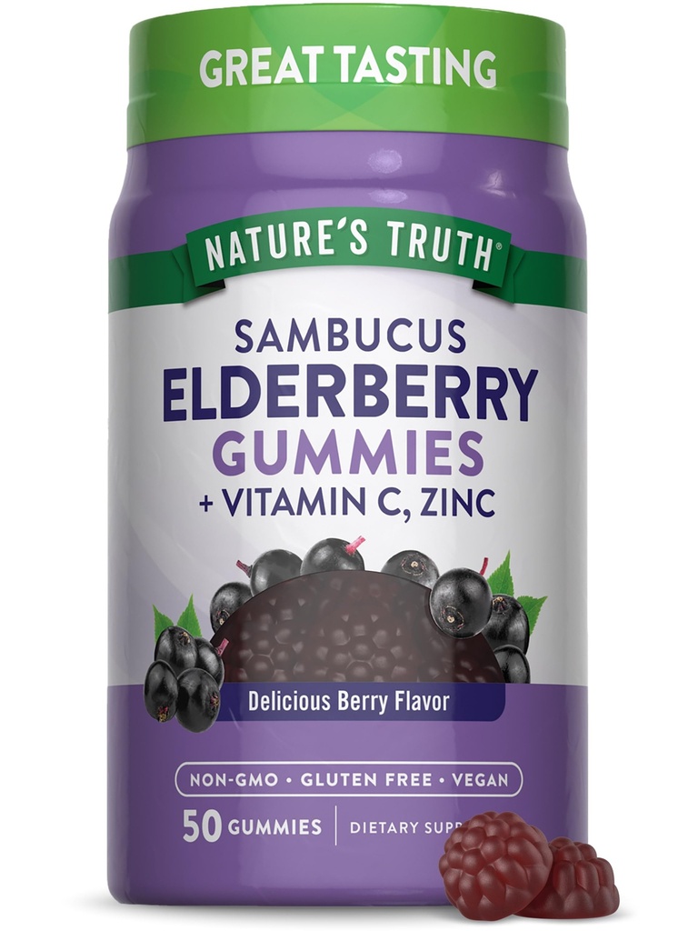 Nature's Truth Black Elderberry Gummies (50 Gummies végétaliens) avec vitamine C et zinc.