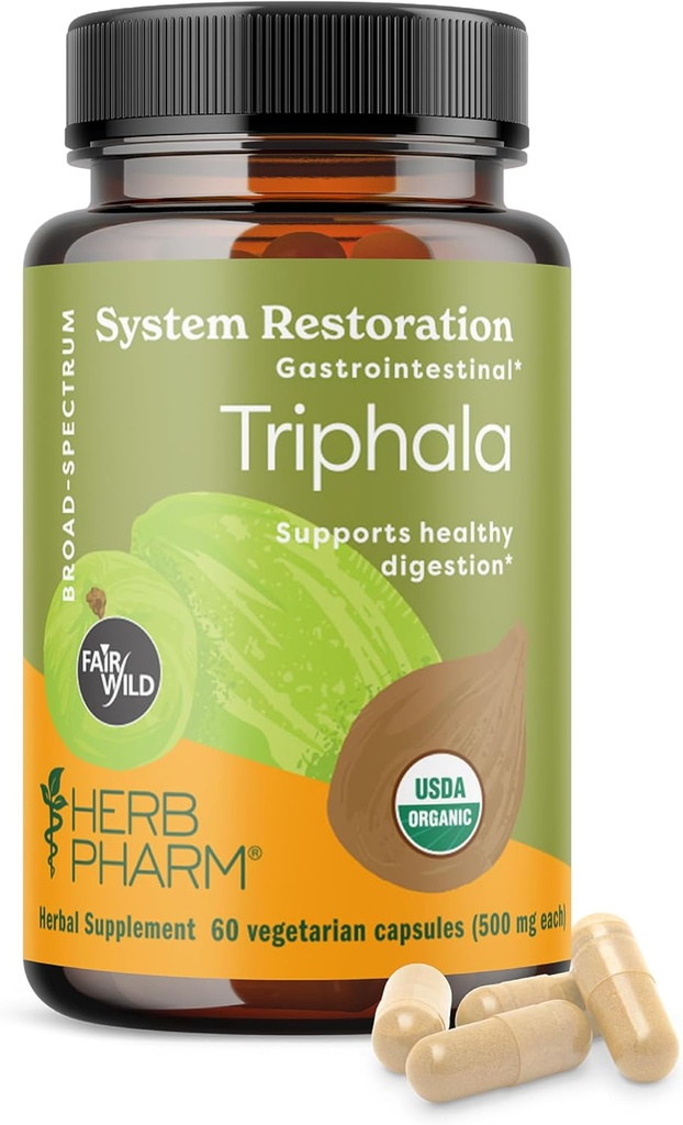Herb Pharm Capsules de triphala biologique USDA (Nettoyant et désintoxication) Soutien et soins de santé digestifs avec Amla, Haritaki et Bibhitaki, FAIRWILD® Certifié 60 capsules végétaliennes, jusqu'à 30 jours*