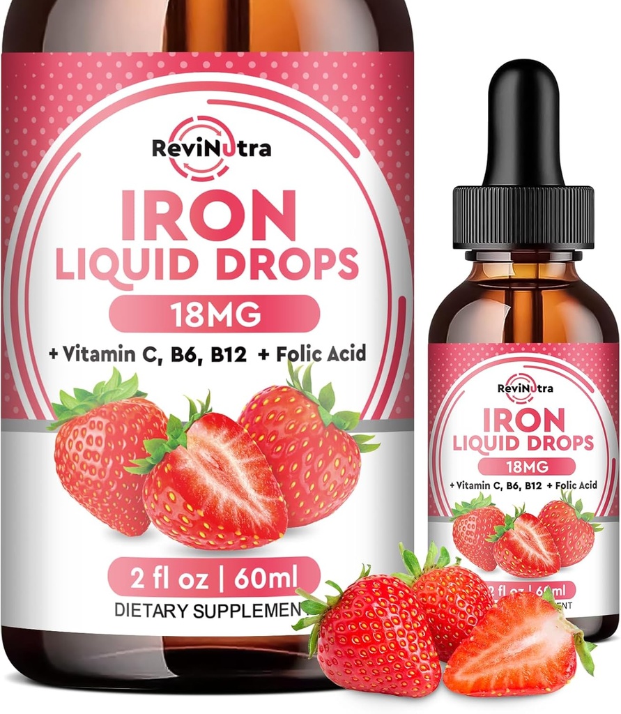 Supplément en fer liquide pour les femmes, les hommes et les enfants, gouttes de fer liquide avec folate, vitamine C, B6, B12 pour l'anémie, globule rouge, support énergétique, goût de fraise, 2 Fl Oz