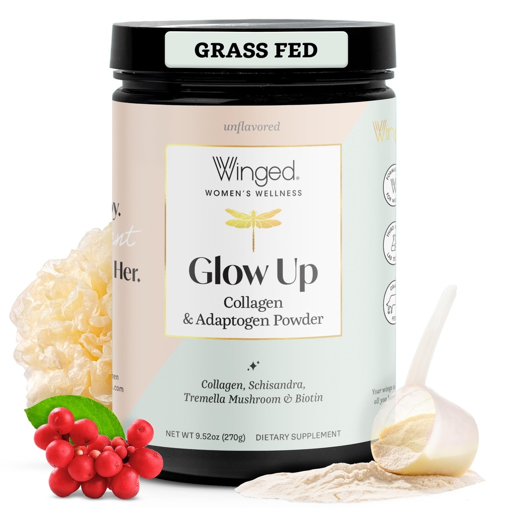 Winged Wellness Glow Up, Collagen Poudre pour femmes - Supplément de beauté cheveux, peau et ongles avec des peptides de collagène hydrolysés alimentés à l'herbe Adaptogènes, vitamine C et biotine - 25 portions, non aromatisées