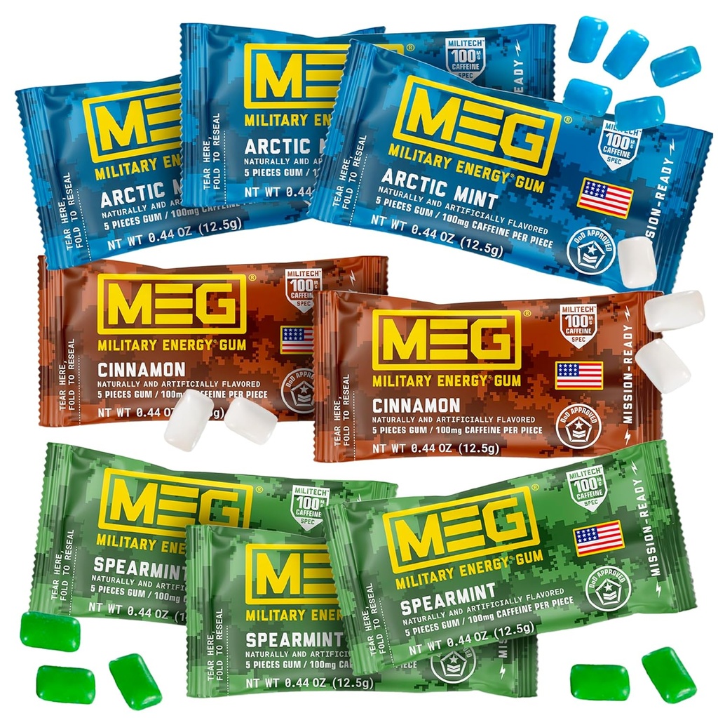 MEG - Military Energy Gum | 100mg of Caffeine Per Piece + Increase Energy + Boost Physical Performance + Multi Flavors of Arctic Mint , Spearmint, & Cinnamon + 8 Packs (40 Count)