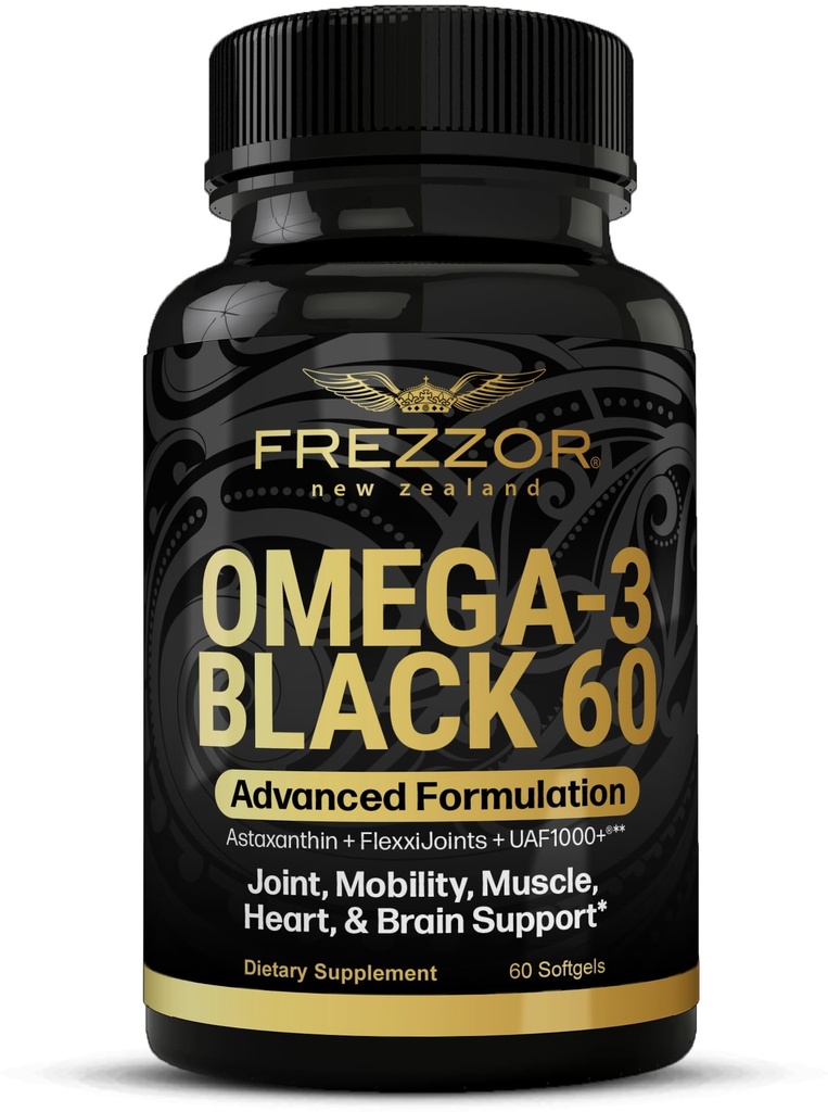 FREZZOR Omega 3 Black for Joint Care & Comfort - New Zealand Green Lipped Mussel Oil Capsules; 53x Higher Potency with UAF1000+ Super Antioxidant, No Fishy Aftertaste, 1-Pack, 60 Softgels