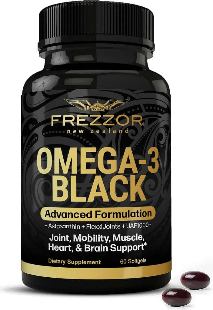 FREZZOR Omega 3 Noir pour l'entretien et le confort des articulations - Nouvelle-Zélande Capsules d'huile de moules à lisière verte; 53x Plus grande puissance avec UAF1000+ Super Antioxydant, Pas de Après-goût de poisson, 1-Pack, 60 Softgels