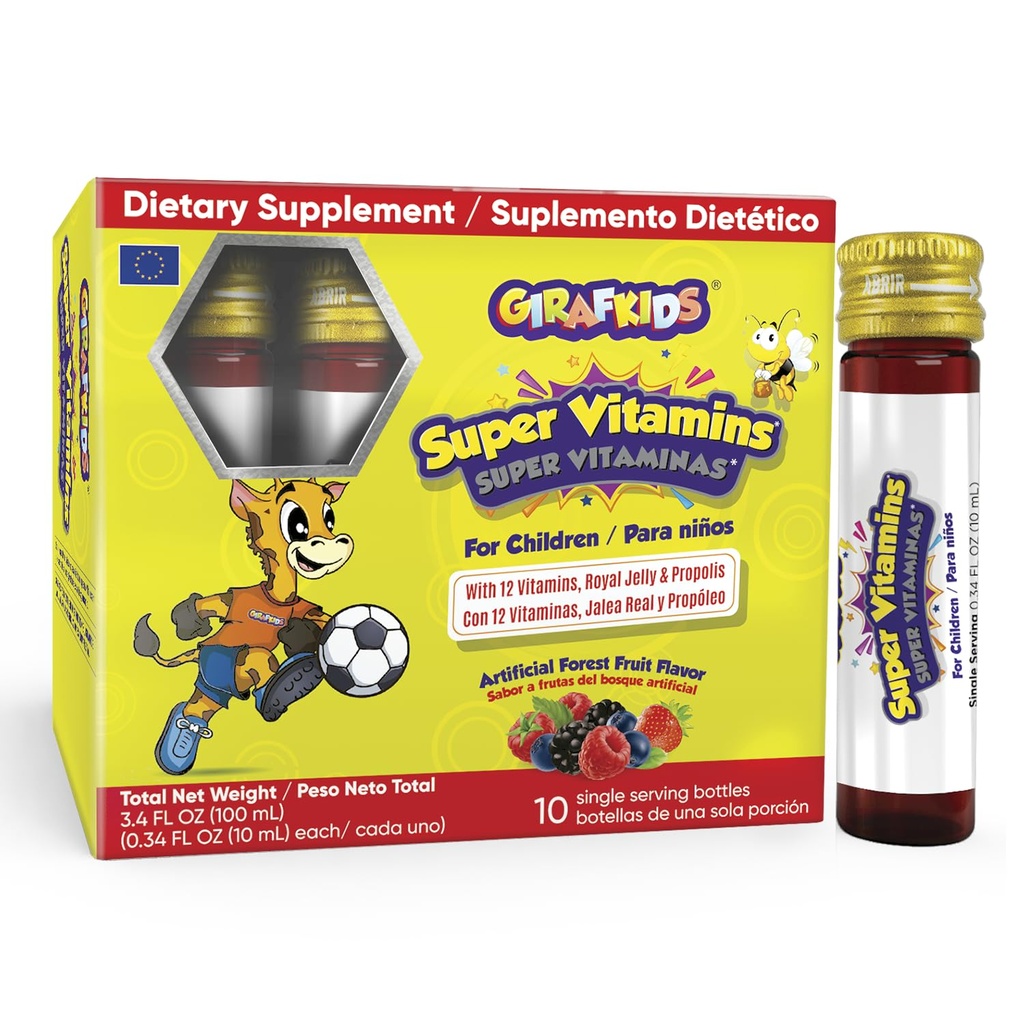 GirafKids Super Vitamines pour les enfants 4 ans et plus 10 Bouteilles de service Multivitamines liquides pour immunosupport et énergie de l'Immune 12 Vitamines Saveur de fruits de la forêt délicieuse Enrichie de gelée royale et de propolis