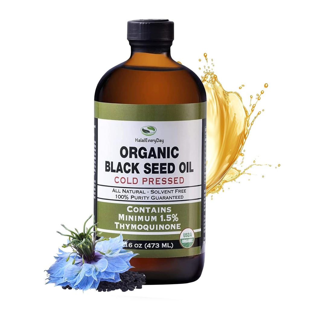 HalalEveryDay Huile de Graine Noire Biologique - USDA Certifié, bouteille de verre pressé froid 16oz - Plus de 1,5% Thymoquinone Turque Cumin Noire Nigella Sativa Non-OGM 100% Huile pure de Graine Noire