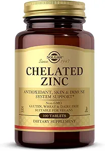 Solgar Zinc chélaté, 100 comprimés - Zinc pour une peau saine - soutient la croissance cellulaire et la formation d'ADN - exerce l'activité antioxydante - soutient un système immunitaire sain - non OGM, sans gluten - 100 portions