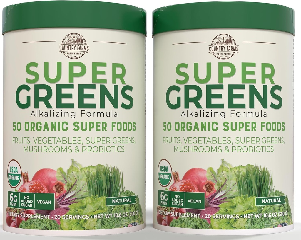 Fermes de campagne Super Greens Saveur naturelle, 50 Super aliments biologiques, USDA Mélange de boissons biologiques, Fruits, Légumes, Super Greens, Champignons et Probiotiques, Supporte l'énergie, 40 portions, 10.6 Oz, 2 Pack