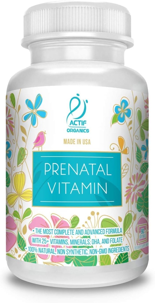 ACTIF Vitamines prénatales organiques avec 25+ Vitamines organiques, 100% naturelles, DHA, EPA, Oméga 3, et mélange à base de plantes organiques - Non-OGM, 90 Compte