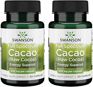 Swanson Full Spectrum Cacao (Raw Cocoa) - Supplément à base de plantes Promouvoir le soutien énergétique léger - Formule traditionnelle de fruits entiers - (60 capsules, 400 mg chacune) (2 paquets)