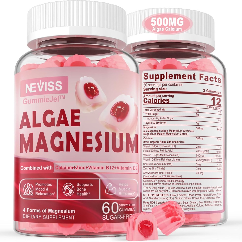 Sans sucre Calcium Magnésium Zinc Gummies, Algae Calcium supplément de magnésium Plus D3.0 4 formes de magnésium - Glycinate, Citrate, Malate, Algae - Soutien Bone Health, Muscle Function & Nerve, 60 Ct