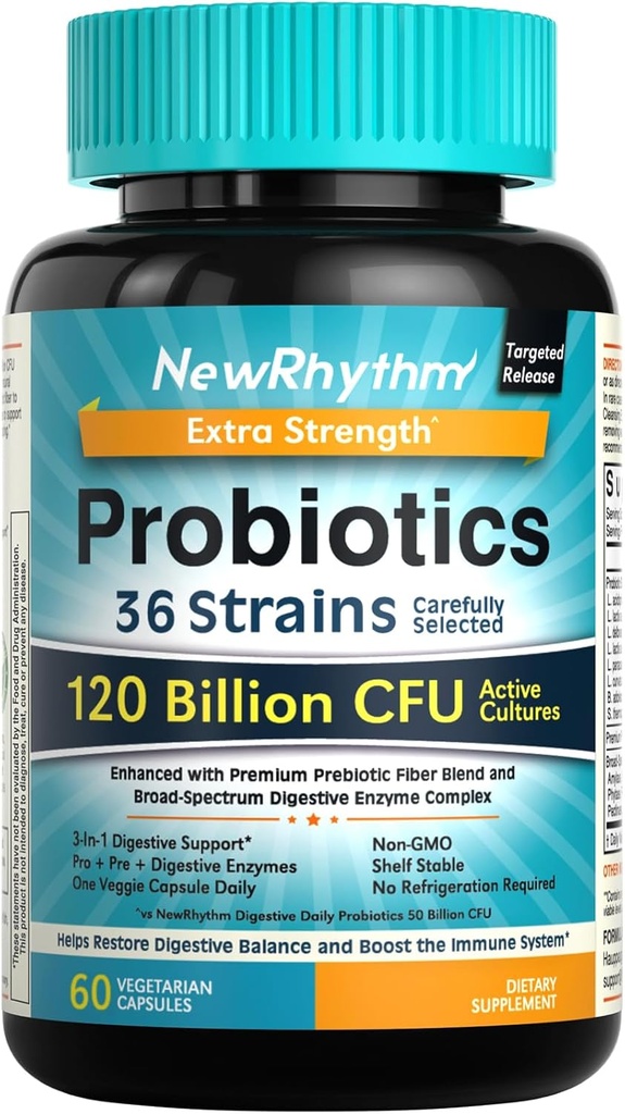 NouveauRhythme Probiotiques 120 milliards CFU 36 souches, 3-en-1 Probiotiques pour la santé digestive et le soutien immunitaire avec prébiotiques et enzymes, probiotiques pour les femmes et les hommes, libération ciblée, 60 capsules de légumes