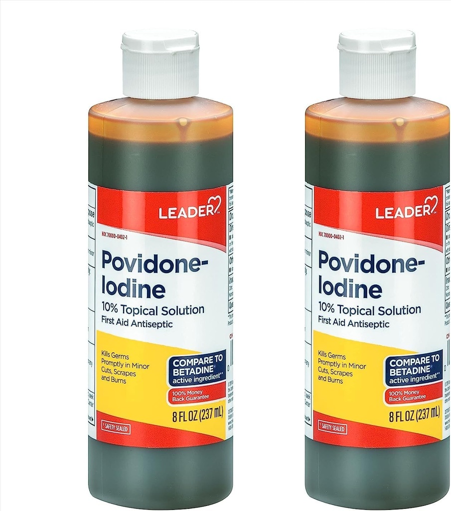 Leader Povidone Iodine 10% Prep Solution USP, premiers soins antiseptiques nettoyant, lavage des plaies, savon antiseptique (8 Fl Oz, paquet de 2)