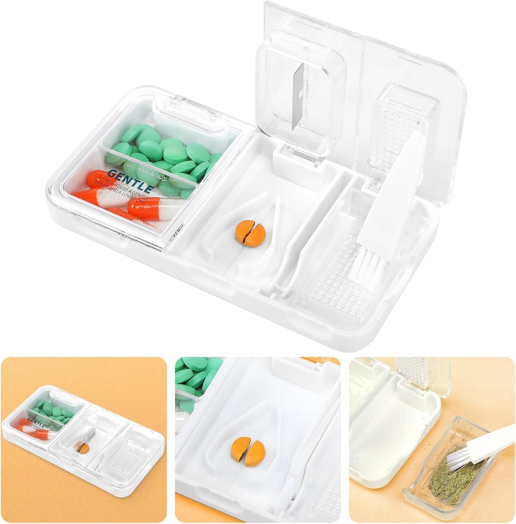 Toplive Portable 3-en-1 Pillet Cutter et Pillet Grinder et Pillet Holder, Découpe facile précise, Crusher de médicaments pour les petites grandes pilules, Comprimés de vitamines Splitter pour les animaux âgés, Blanc