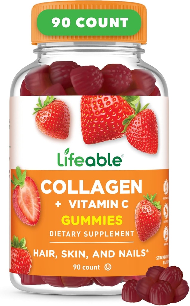 Collagène Lifeable Peptides Gummies de 100mg avec de la vitamine C de grands suppléments de collagène de dégustation de la peau végétarienne et des ongles Gummies de collagène pour adultes, hommes, femmes de 90 Gummies