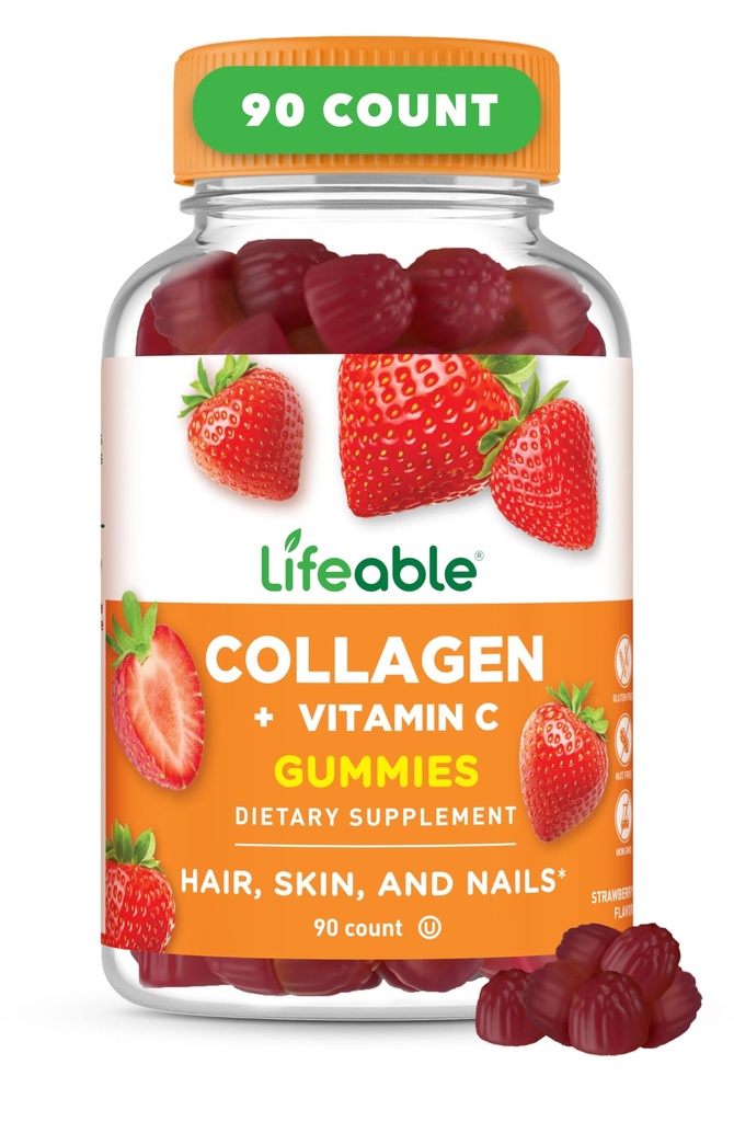 Collagène Lifeable Peptides Gummies de 100mg avec de la vitamine C de grands suppléments de collagène de dégustation de la peau végétarienne et des ongles Gummies de collagène pour adultes, hommes, femmes de 90 Gummies