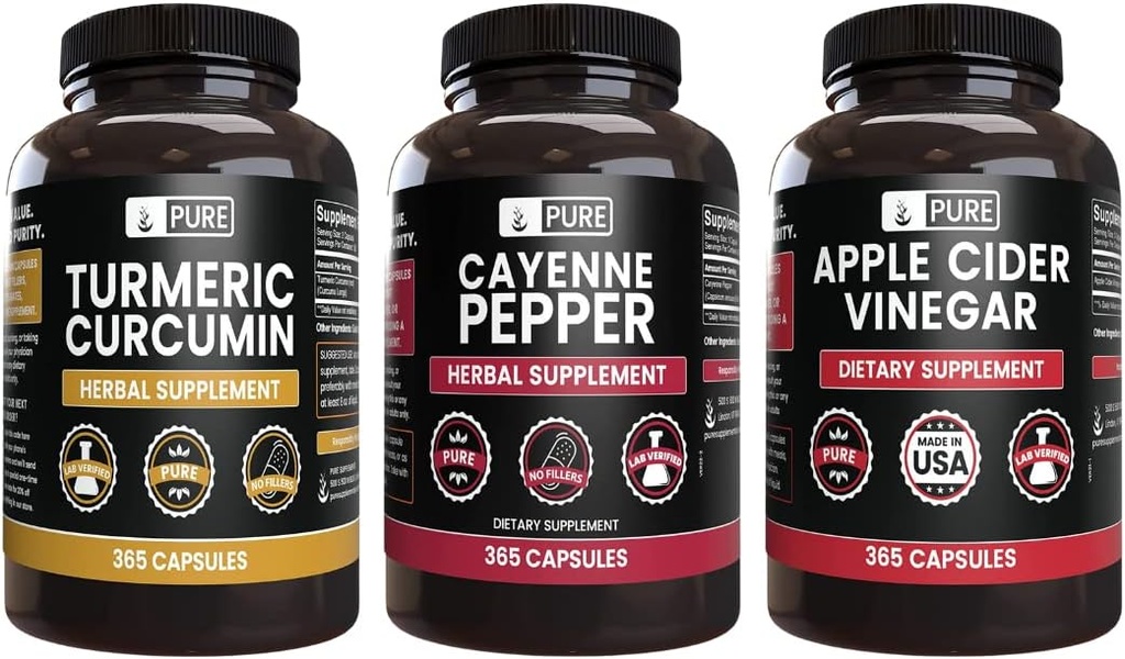 INGRÉDIENTS ORIGINAUX Cayenne Pepper, Curcumine curcuma, Ensemble de vinaigre de cidre de pomme (365 capsules)