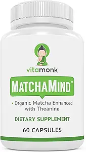 Capsules de Matcha de VitaMonk avec Theanine & Theobromine - Pills de Matcha du Japon avec 25mg de caféine naturelle - pour l'énergie douce et le focus sans les jitters - 60 ct