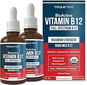 Vitamine biologique B12 - 5000 mcg, 3 formes bioactives B12 : Méthyl B12, Adénosyl B12 et Hydroxy B12 - Plus Cofacteur L-Méthylfolate.