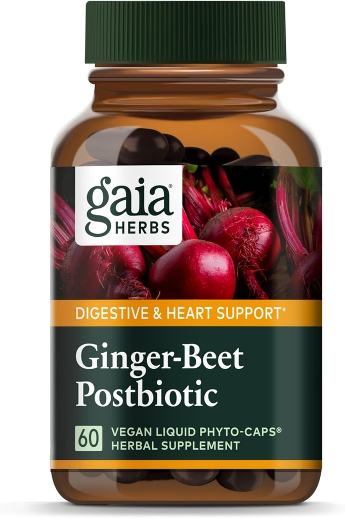 Gaia Herbes Ginger-Beet Postbiotique - Supplément pour Gut & Heart Health Support - Fabriqué avec des betteraves et des gingembres fermentés biologiques - Exemptes de lait, de soja et de gluten - 60 capsules de végétalien (30 portions)