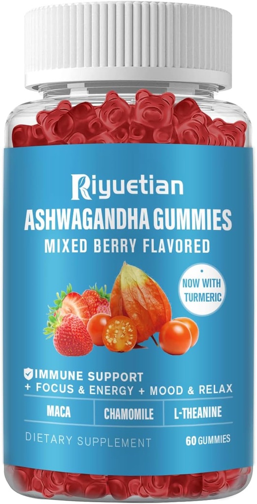 Gummies Ashwagandha pour les femmes et les hommes - Stress Relief, Immune Support & Augmentation de l'énergie - Sans sucre, Vegan - Suppléments de racine Ashwagandha biologique Gummy- Fraise naturelle Flavor (60 comte)