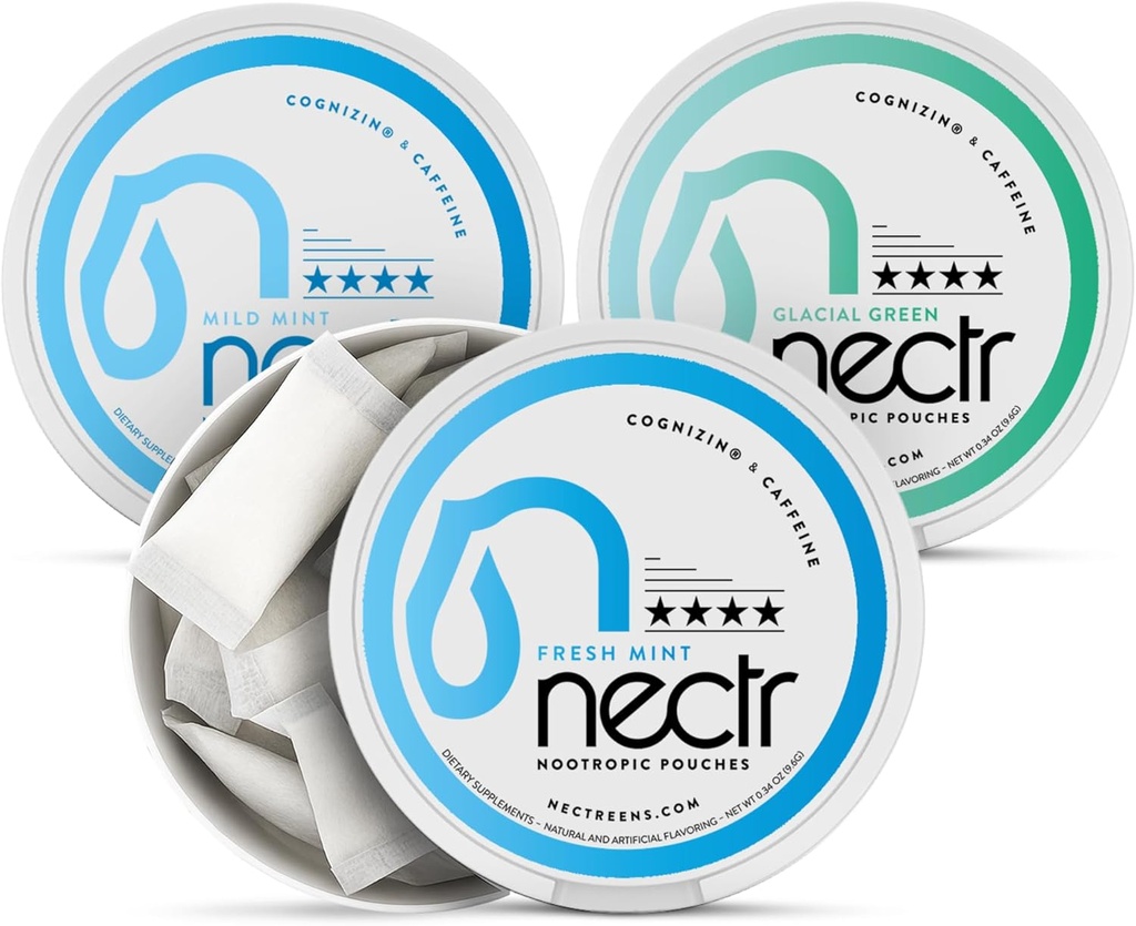 Nectr Energy Pochettes Nootropic Mint Mix - Pochettes de caféine avec Cognizin Citicoline. 3 saveurs: Menthe douce et fraîche, et vert glacial. Sans sucre, sans Nicotine Calm Focus & Supplément énergie