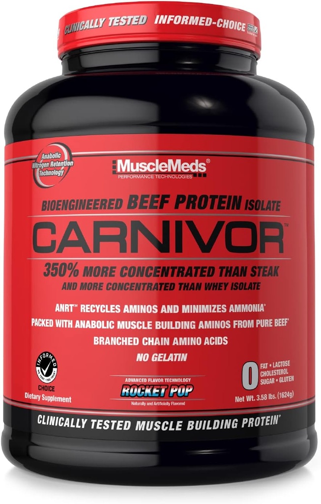MuscleMeds CARNIVOR Poudre isolate de protéines de boeuf, bâtiment musculaire, récupération, sans lactose, sans sucre, sans gras, sans, 23g de protéines, Pop de roche, 56 portions