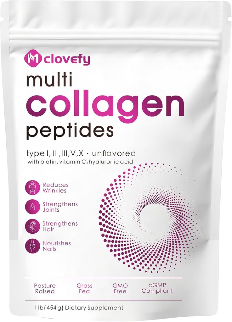 Multi Collagen Peptides Powder, 16 Oz (41 Servings) - Protein Supplement, Type I, II, III, V, X with Hyaluronic Acid, Vitamin C and Biotin, Unflavored, Easily Mixes in Drinks