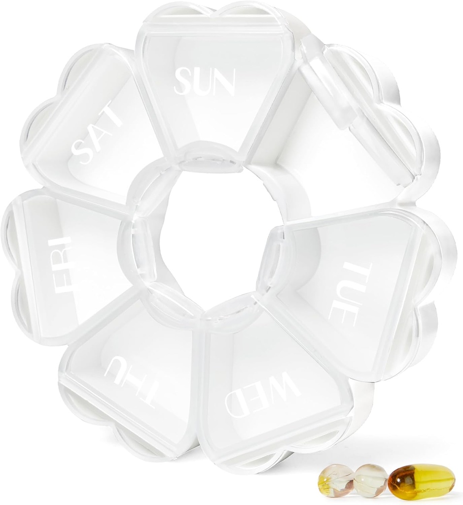 MOLN HYMY Large Weekly Pill Box 7 Day, Mute Pill Case Organizer 1 fois par jour, Pill Container Floral Une fois par jour, Pretty Medicine Dispenser for Vitamine/Pish Oil/Medication/Supplements (White)