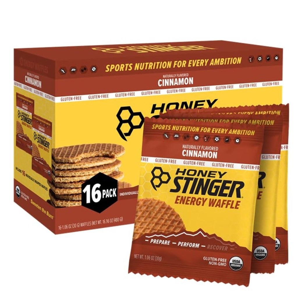 Miel Stinger Bio sans gluten Gaufre de cannelle, énergie Stroopwafel pour l'exercice, l'endurance et la performance, nutrition sportive pour la maison et le gym, avant et après l'entraînement, boîte de 16 gaufres, 16.96 Ounces