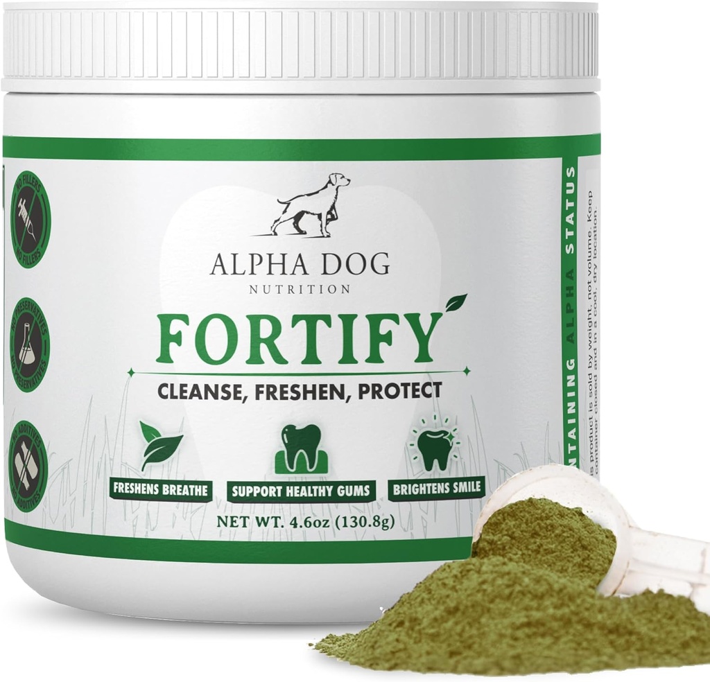 Poudre de nettoyage de dents de chien - Poudre dentaire fortifiée pour chiens - Détachant la plaque et rafraîchit la mauvaise haleine avec des suppléments verts frais - contient du Kelp, des probiotiques et d'autres ingrédients de nettoyage de dents