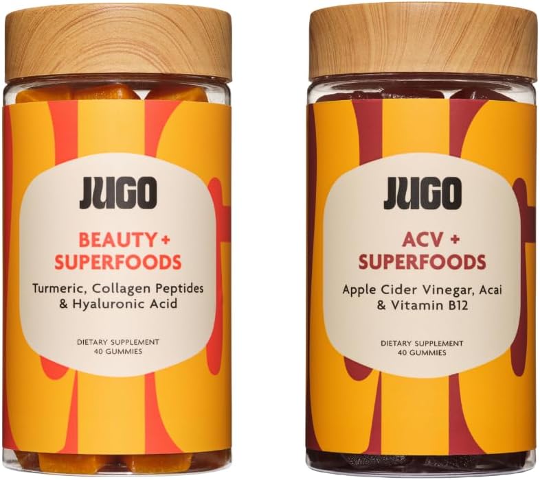 JUGO Beauty + ACV Gummies Bundle – Collagène, Biotine et vinaigre de cidre de pomme – Supporte les cheveux, la peau, les ongles, la santé de Gut et le métabolisme – 100% végétarien & sans gluten