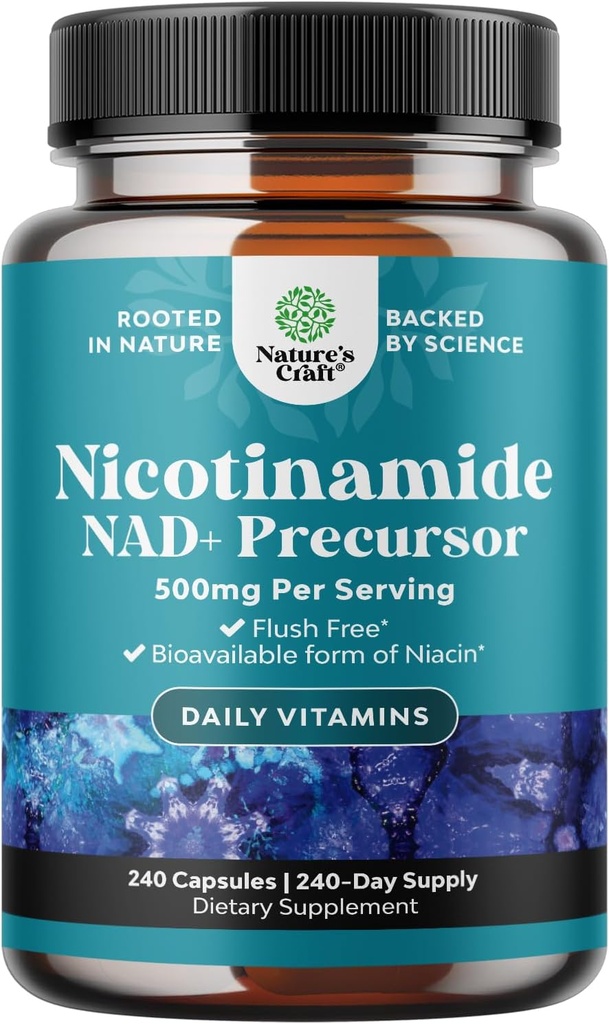 Vitamine B3 Niacinamide 500mg Capsules - Mitochondrial Énergie et supplément de peau potent - AKA Vitamine B3 Niacin 500mg Sans flush et Nicotinamide 500mg - Supplément sans flush Niacin - 240 Compte