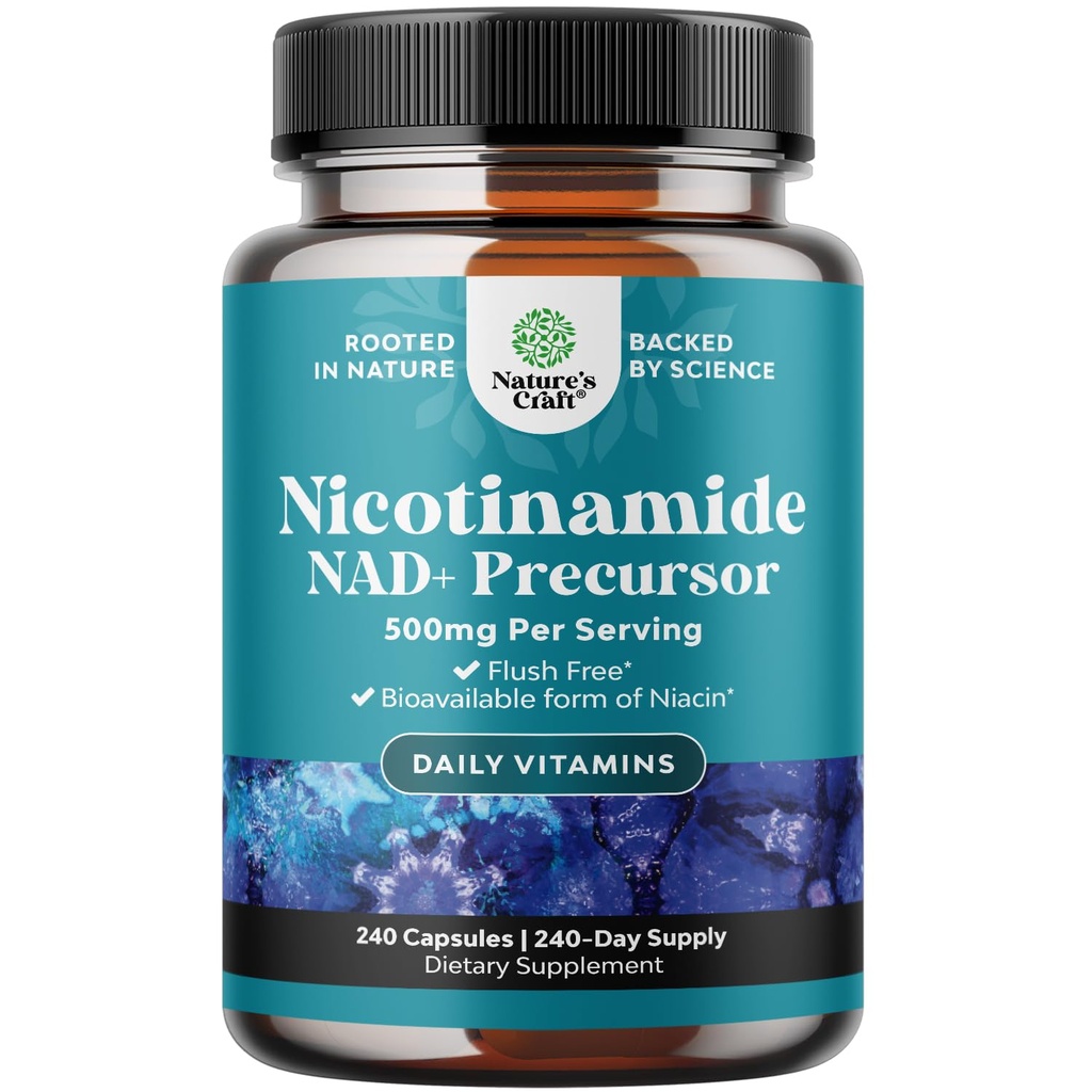 Vitamine B3 Niacinamide 500mg Capsules - Mitochondrial Énergie et supplément de peau potent - AKA Vitamine B3 Niacin 500mg Sans flush et Nicotinamide 500mg - Supplément sans flush Niacin - 240 Compte