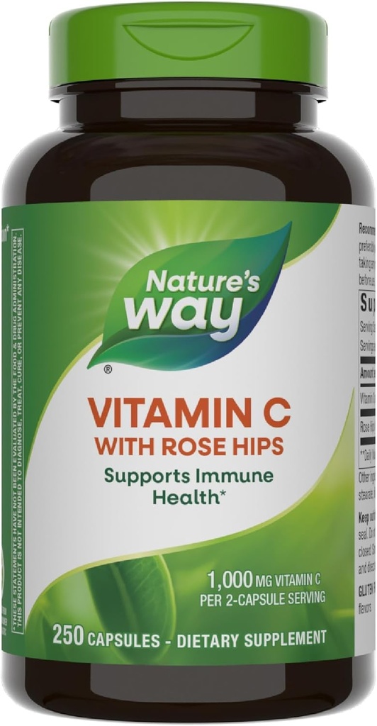 Nature's Way Vitamine C with Rose Hips - Powerful Antioxidant Protection* - soutient la fonction immunitaire* - renforce le collagène pour une peau saine* - sans gluten - 250 capsules