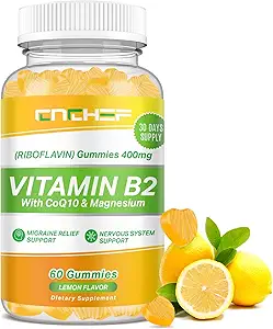 Vitamine B2 Gummies, supplément de riboflavine 400mg avec le glycinate de magnésium et CoQ10 pour les adultes et les enfants, soutien migraine et système nerveux, stimuler l'énergie, sans sucre Vegan B2 Gummies Lemon Flavor