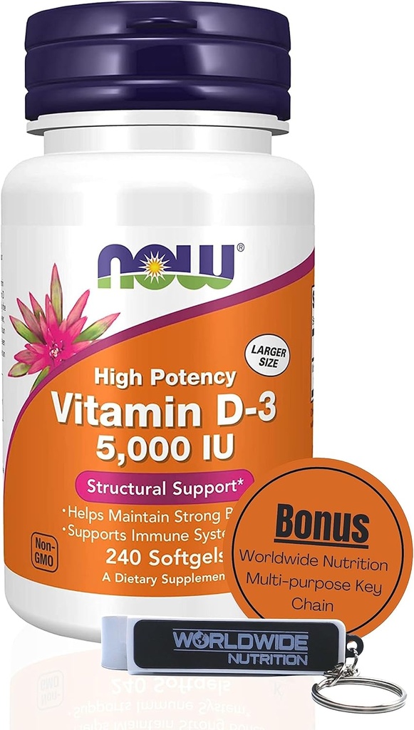 Worldwide Nutrition Now Suppléments Vitamine D3 5000 UI Softgels - Formule haute puissance pour le soutien structurel D 240 Comte Vitamine, Organic & Keychain