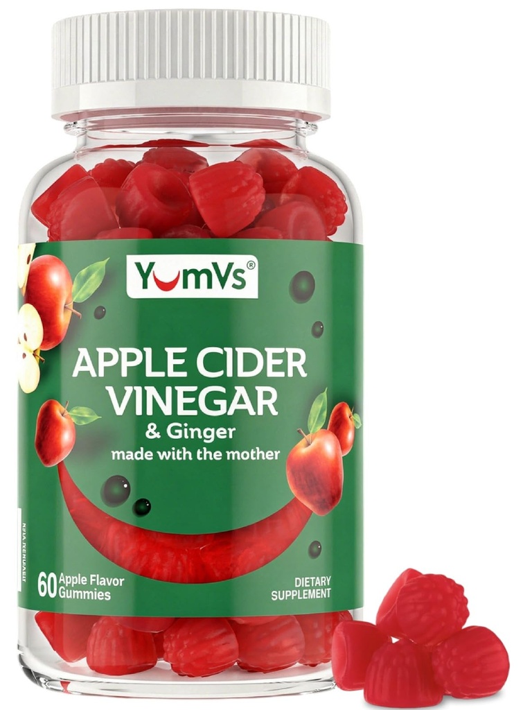 Gommies de vinaigre de cidre de pomme de YUM-V – Gommies de vinaigre de cidre de pomme avec gingembre et la mère – Soutient le métabolisme, la vitalité et le bien-être quotidien – Végétaux naturels de saveur de pomme, non-OGM, sans gluten, gommy de cidre – 60 comte