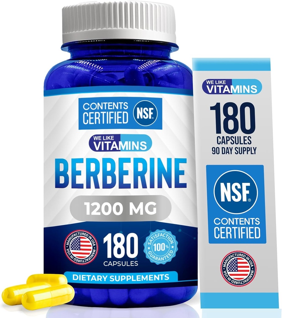 Nous aimons les vitamines Supplément berbère, 1200mg, Pure Max Strength Berberine HCL - 180 capsules végétariennes (sans gluten, non OGM) - 90 portions