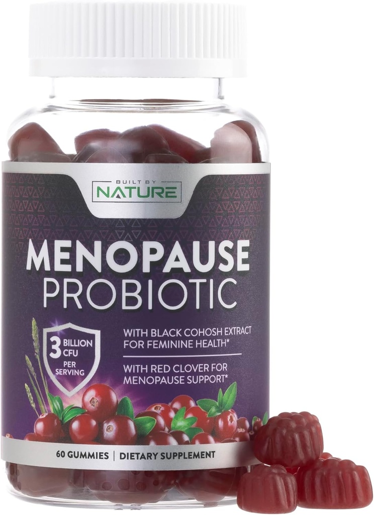 Suppléments à la ménopause pour les femmes - Ménopause Probiotique Gummy - Femmes - Soulagement à la ménopause pour les flashes chauds, les sueurs nocturnes et les ailes d'humeur avec cohos noirs et canneberges - Non-OGM, végétalien - 60 gummes