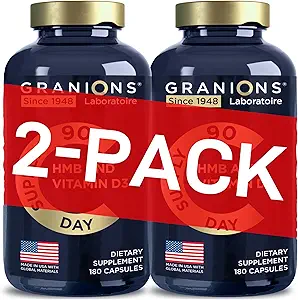 Granions HMB et supplément de vitamine D3 - Récupération musculaire, Beta Hydroxy Butyrate préentraînement Muscle Builder, gaineur de masse - 1000 MG avec D3 et Calcium - 360 HMB Capsules, 6 mois d'alimentation