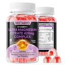 Citrate de magnésium Gommies 420mg pour adulte - double couche - w/10 Million CFU - 5 souches Probiotiques et calcium, D3, Biotine, Fer, B6, B12, Folate, Soutien pour os, Nerve, Relaxation, Muscle - Vegan 60Cts
