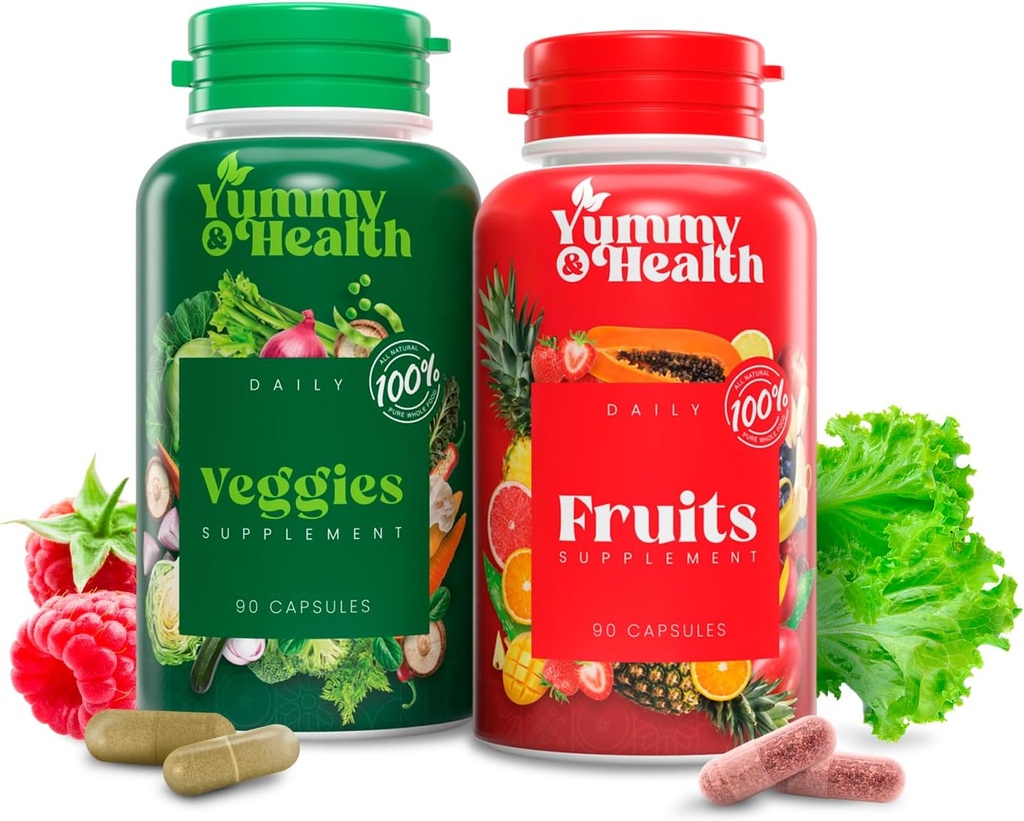 Miam & Santé Fruits et légumes Capsules – 33+ Superaliments entiers de Fruits et Légumes (90) Fruits + 90 Capsules de légumes (90) Vegan, non-OGM, sans gluten (90) Nutriments et fibres végétaux
