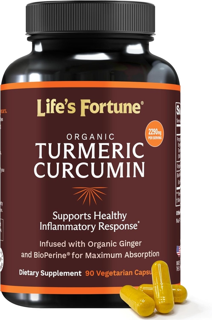 Curcumine curcumine curcuma bio fortune de Life avec poivre noir et gingembre, absorption accrue, supplément de force supplémentaire, joint et support immunitaire, non-OGM, 90 bouchon - 2250mg